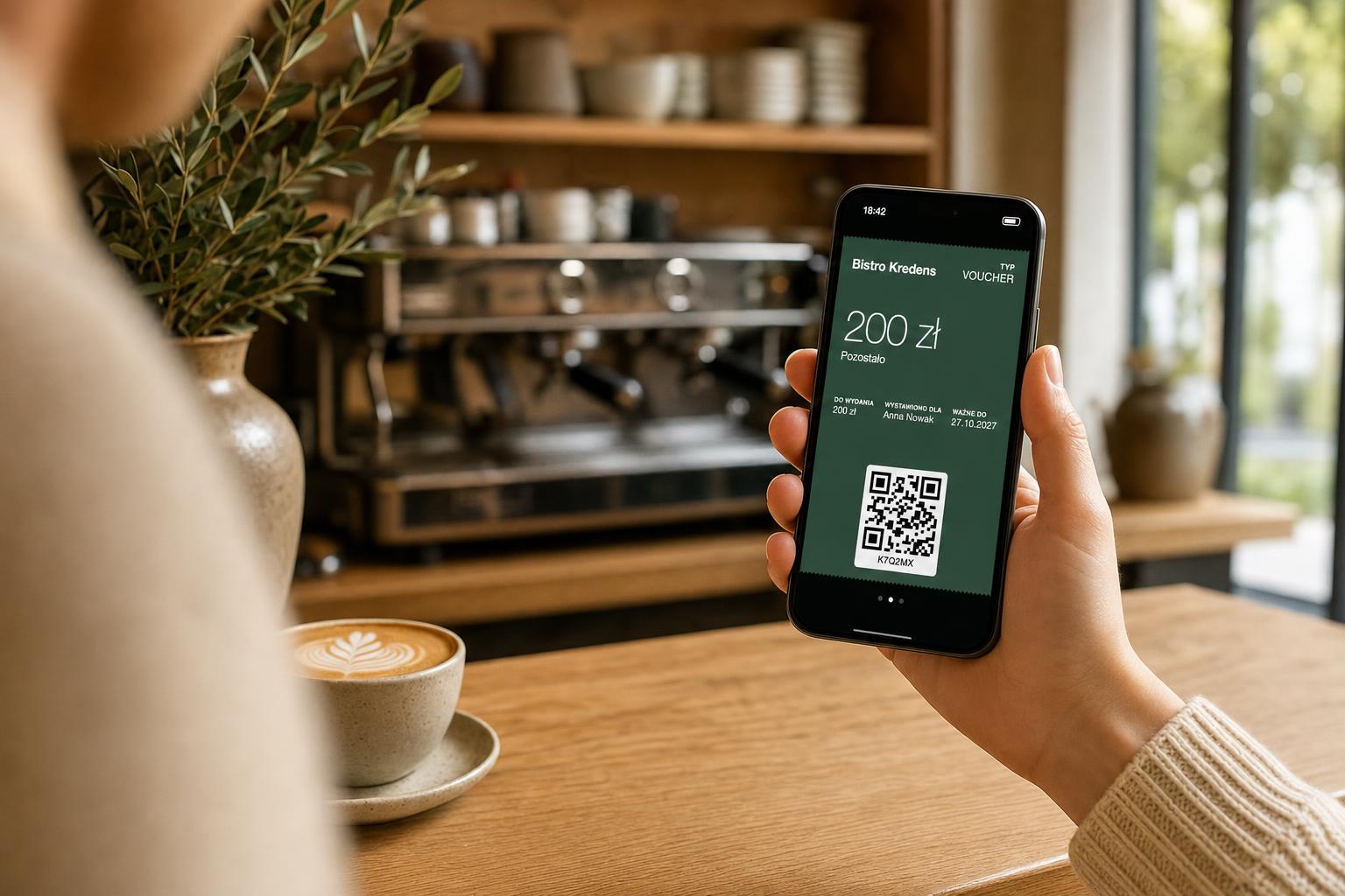 Klient pokazuje przy ladzie kawiarni voucher w telefonie